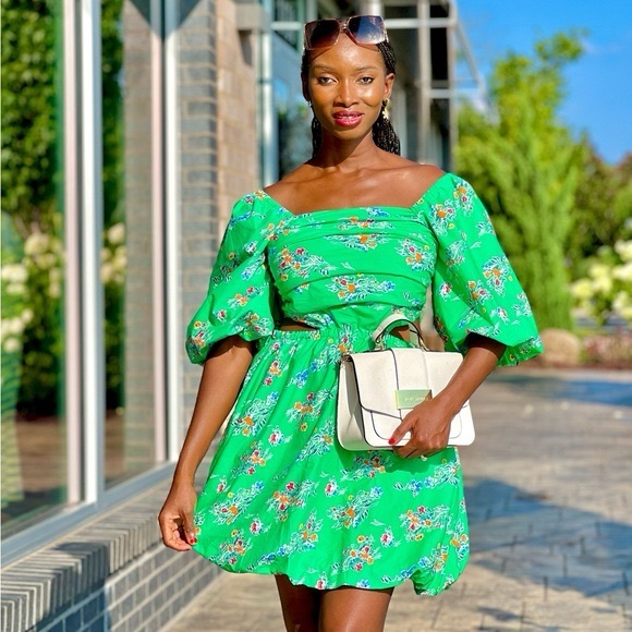 A New Day Women's Large Green Puff Sleeve Cut Out Bubble Knee Length Dress - Picture 1 of 6